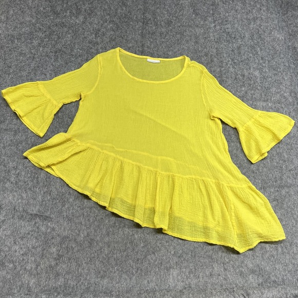 bryn Walker Tops - Bryn Walker Top Womens M Yellow Ruffle Hem Flared Sleeve Guaze‎ Blouse Lagenlook